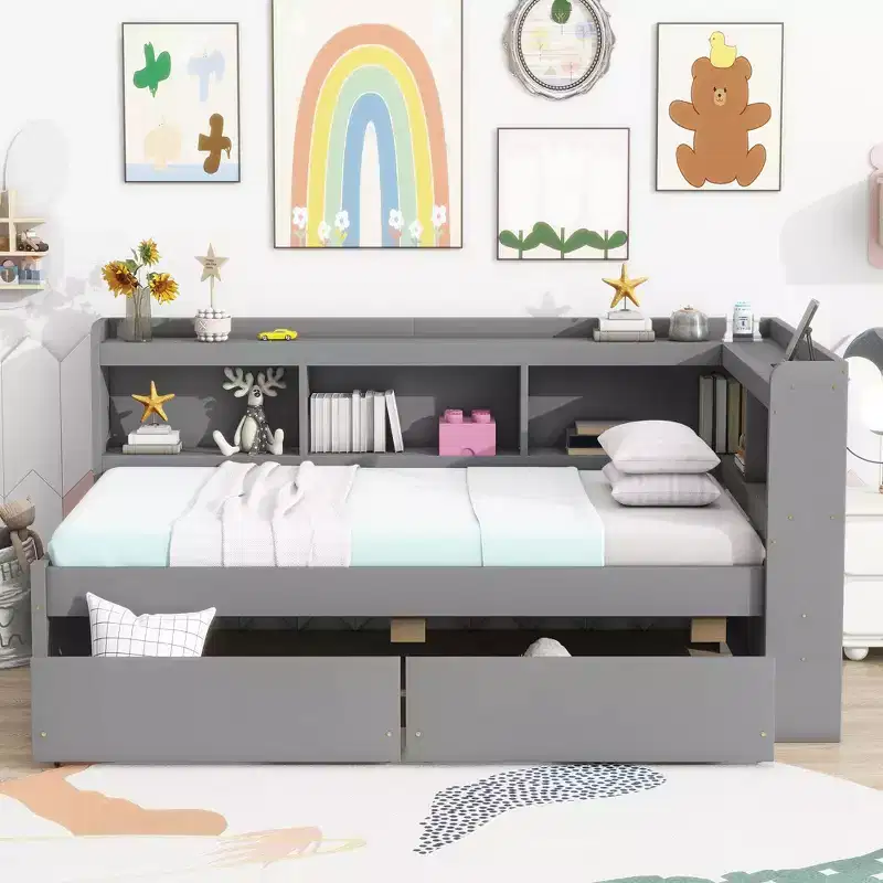 MAYEERTY Twin L-shaped Bookcase Bed with Pine Wood Frame Two Drawers for Bedroom Gray