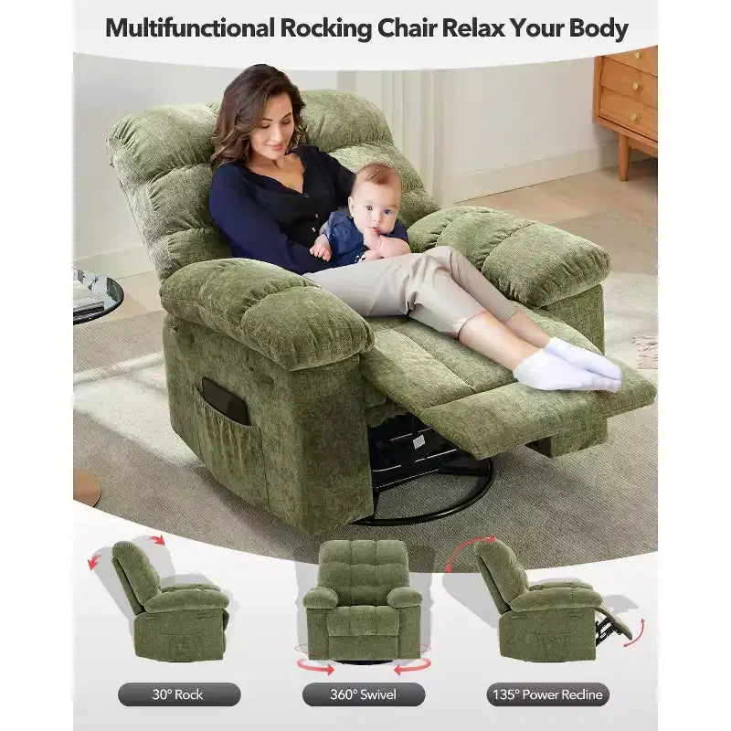 Rocking Recliner Chair, 360 Swivel Rocker, Lazy Boy Recliner Single Sofa, Extra Wide Manual Recliners, Chenille Upholstery Overstuffed Soft
