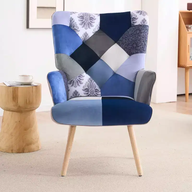 Patchwork Upholstered Wingback Accent Chair, Rubberwood Legs, 330 lb Capacity