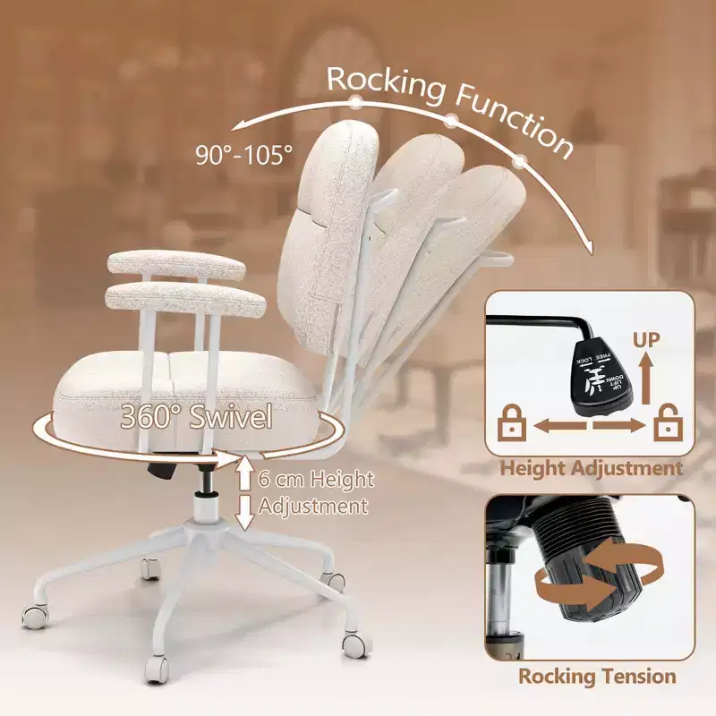 Costway Home Office Chair Leathaire Upholstered Task Chair with Cushioned Back & Armrests Brown/Beige