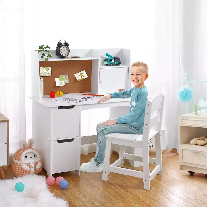 Wooden Kids Desk & Chair Set with Storage Shelf & Bulletin Board - White Study Table Durable Writing Desk for Ages 3+