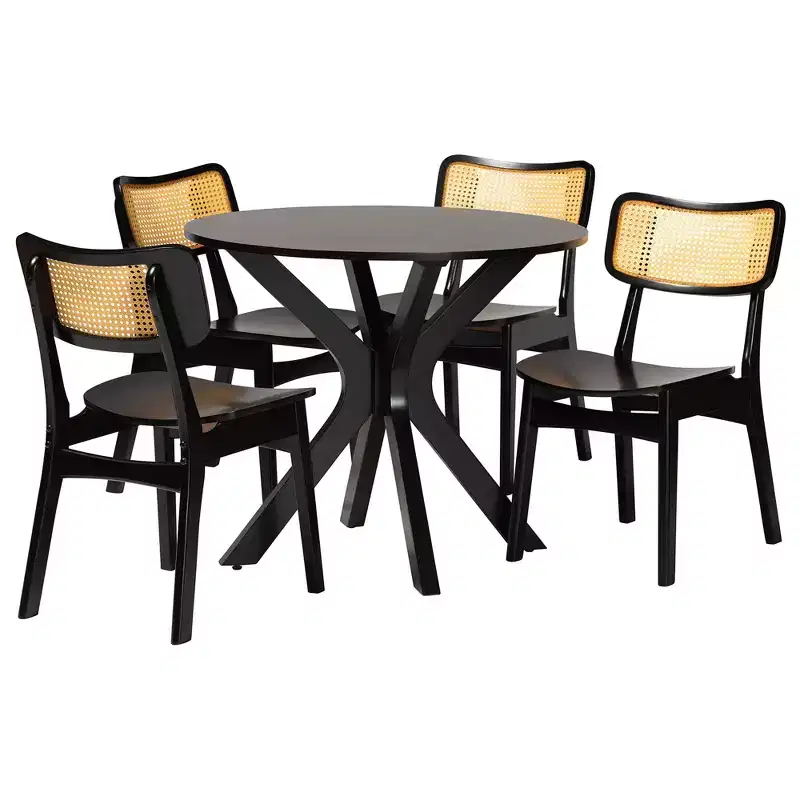 Baxton Studio Linnet Mid-Century Modern Wood and Rattan 5-Piece Dining Set