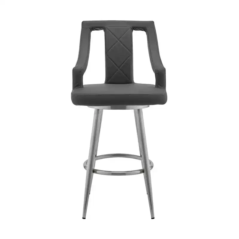 26" Maxen Counter Height Barstool with Gray Faux Leather Brushed Stainless Steel Finish - Armen Living: Swivel, Footrest, Modern Design