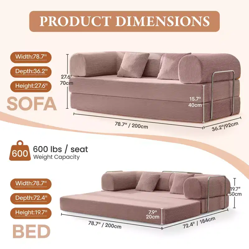 78.7 in.Light Pink Corduroy Convertible Sofa Bed, Metal Frame, Foldable Floor Sofa(large size)