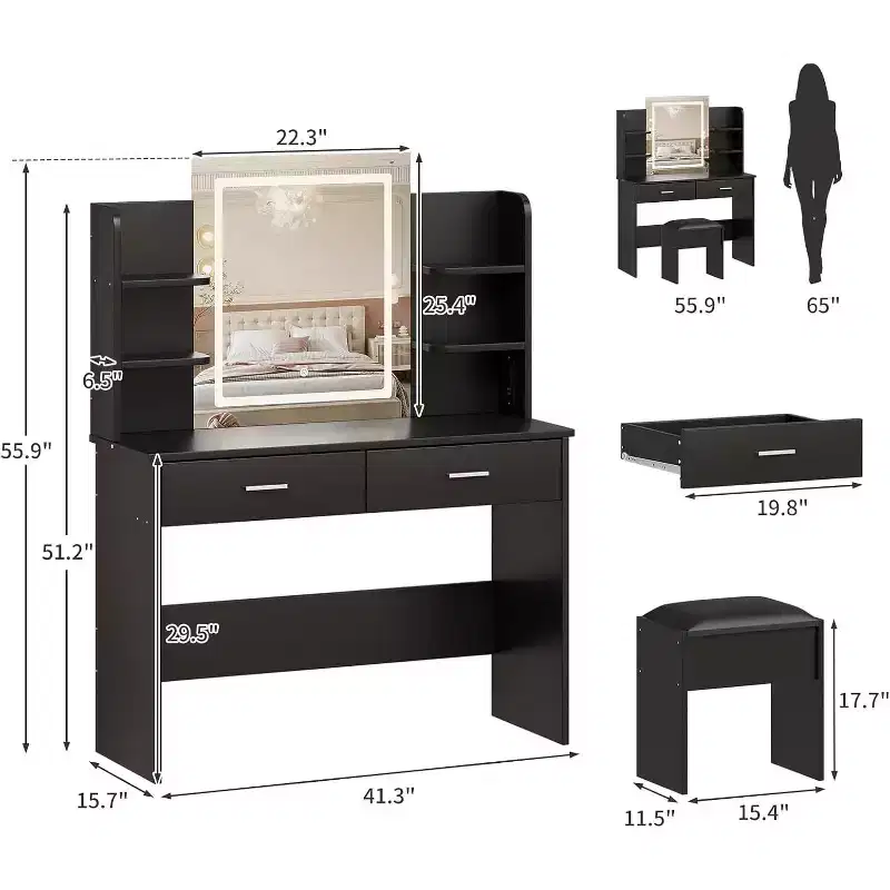 Makeup Vanity Desk with Mirror, Modern Vanity Set with Storage Drawers and Stool, Large Dressing Table for Bedroom, Cloakroom, Dressing room