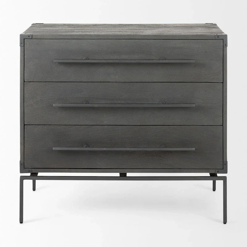 Dark Brown Indian Mango Wood 3-Drawer Accent Cabinet with Black Iron Base