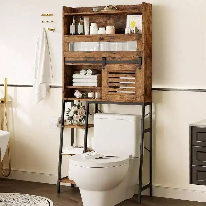 Over Toilet Storage with Cabinet Sliding Barn Door Side Open Rack Bathroom Organizer Vintage Brown Mass