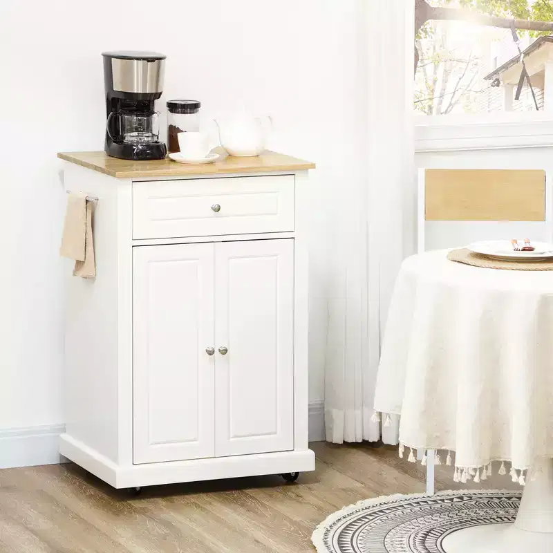 FAMYYT White Natural Wood Top 18 in. Kitchen Island with 1-Storage Cabinets, 1-Drawers, and 4-Lockable Wheels