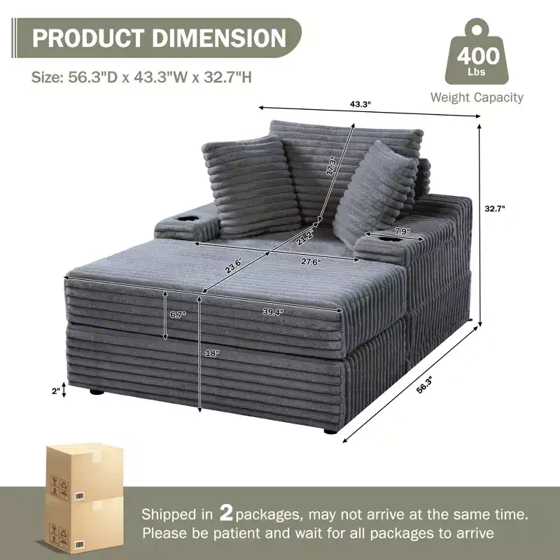 Oversized Corduroy Chaise Lounge Chair - Indoor Upholstered Sofa with Storage Ottoman, 3 Pillows & Single Sleeper for Living Room