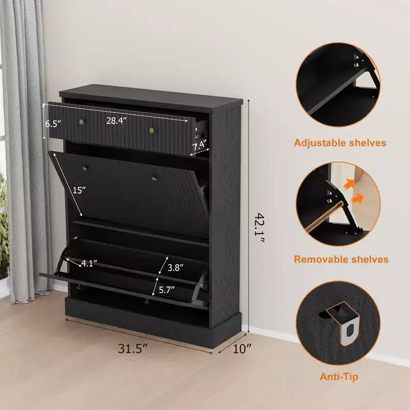 42 Fluted Shoe Cabinet with 2 Flip Drawers - Curved Profile Wooden Shoe Organizer for Entryway & Hallway