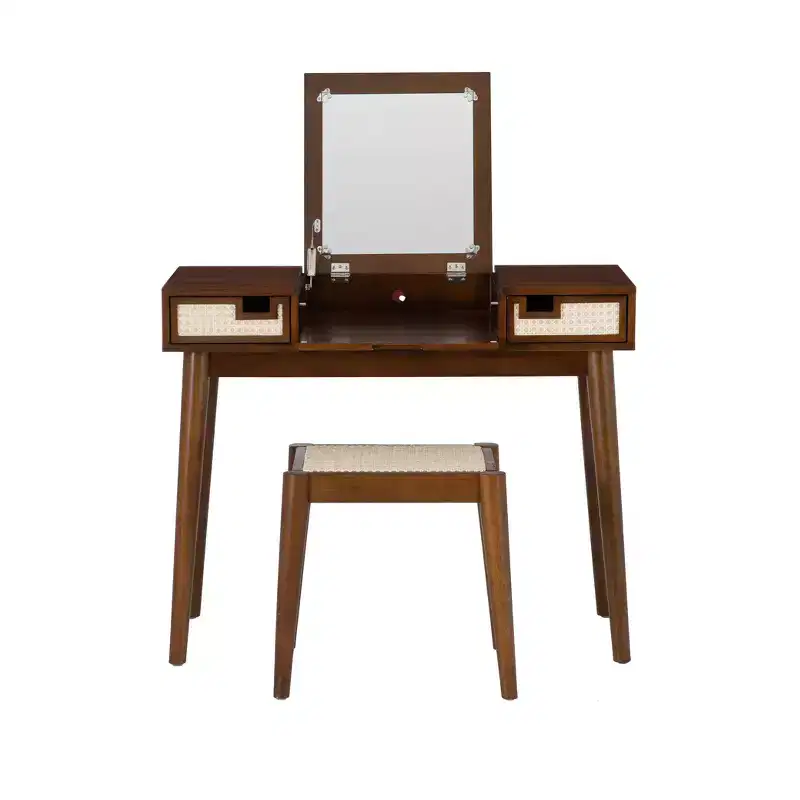 Solid Wood Vanity with Stool | Bohemian Flip Mirror & Storage
