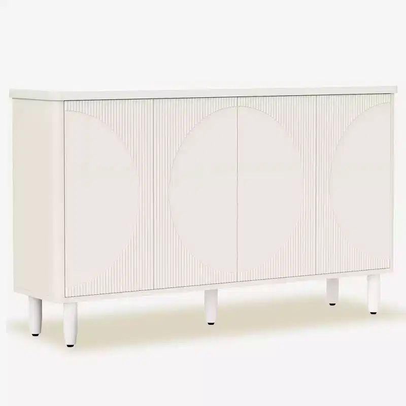 Modern White Sideboard Buffet Cabinet, Semicircle Design, 4-Tier Storage with Anti-Tip Device for Living Room & Kitchen