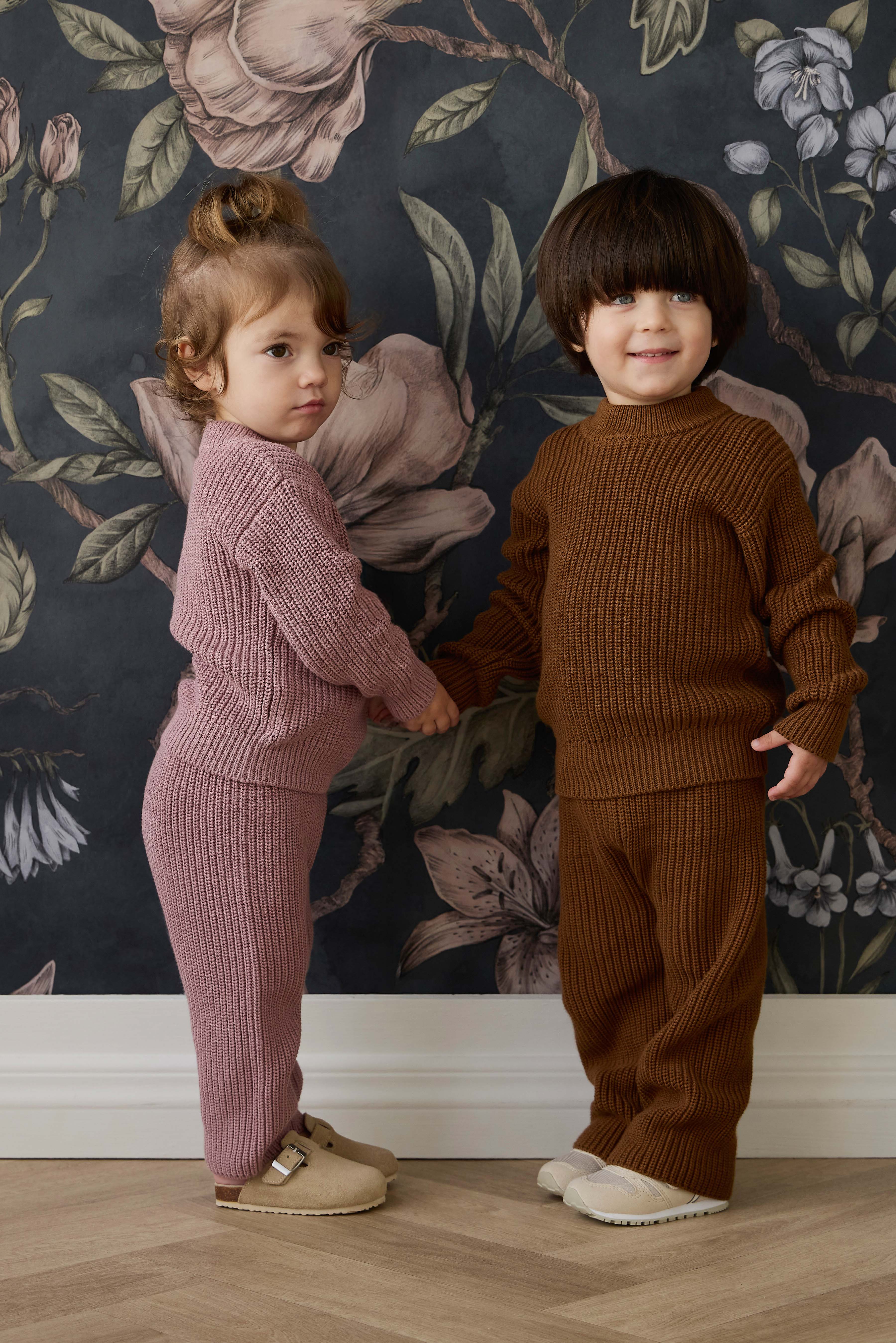Cozy Autumn Bronze Solid Knit Cotton Pant with Elasticated Waist & Decorative Tie for Kids 0M–8Y