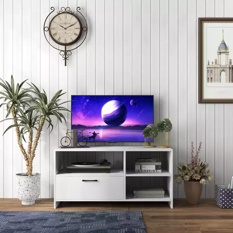 Modern TV Stand | 3 Open Compartments & 1 Drawer | For TVs up to 55