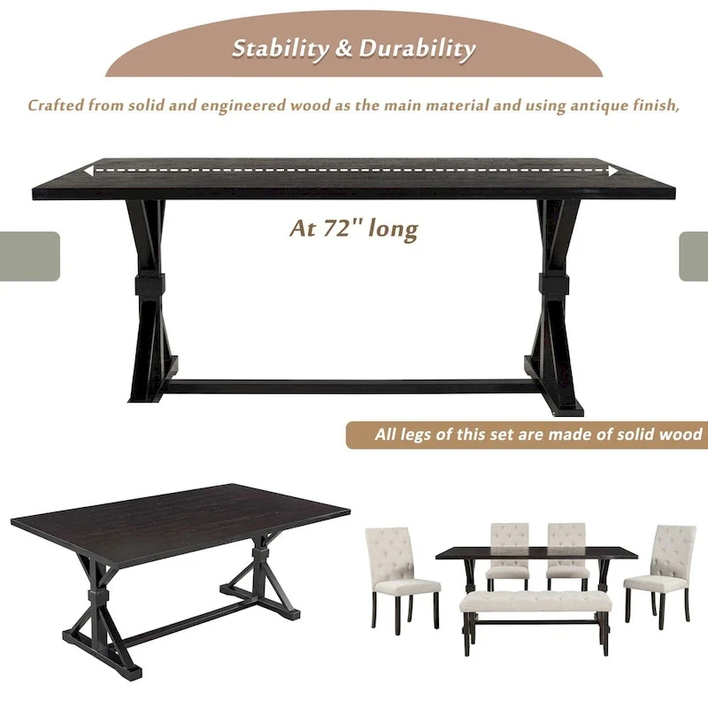 6-Piece Farmhouse Dining Table Set 72 Wood Rectangular Table, 4 Upholstered Chairs with Bench