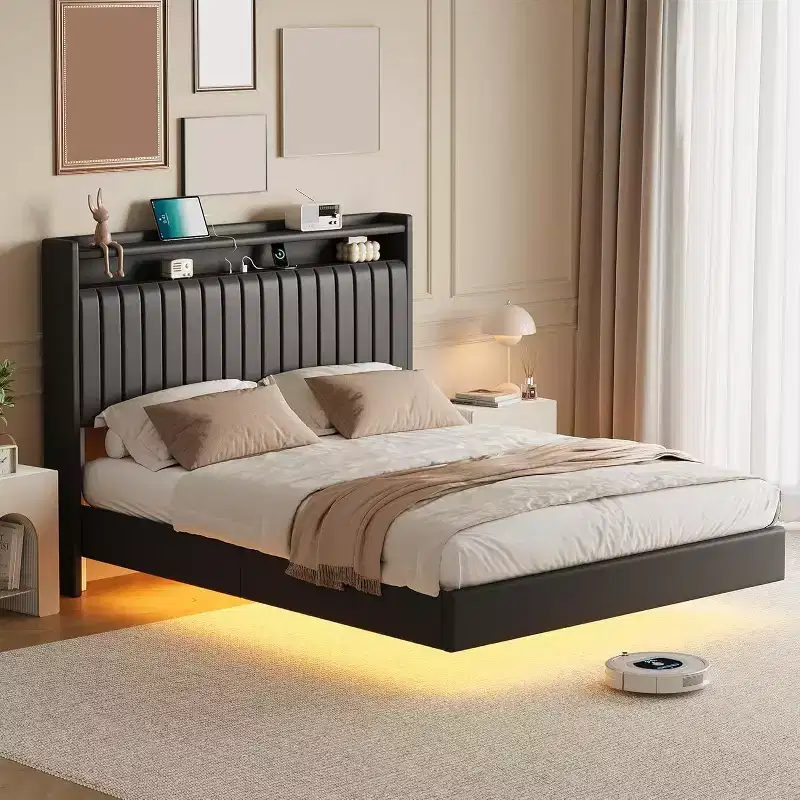 Acekool Full Floating Bed Frame with USB Charging Station, Upholstered Platform Bed with Headboard Storage and Soft LED Lighting