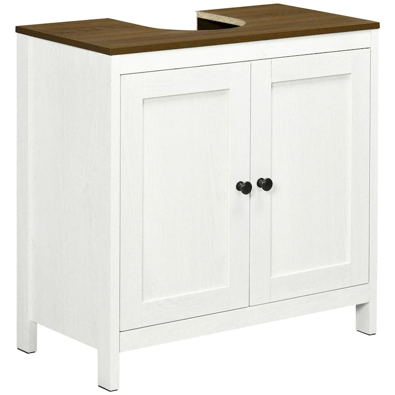Under-Sink Pedestal Cabinet with U-Cutout, Double Doors & Adjustable Shelf – White, Walnut Top, Anti-Tip
