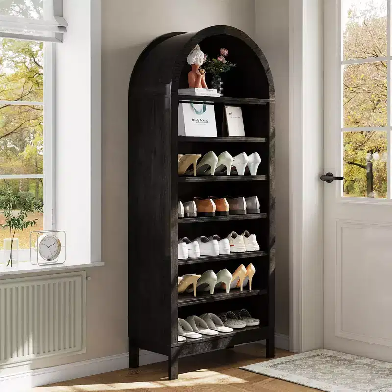 Shoe Rack, Shoe Cabinet  71 Tall Arched 7-Tier Wooden Rack with Adjustable Shelves Oak for Entryway