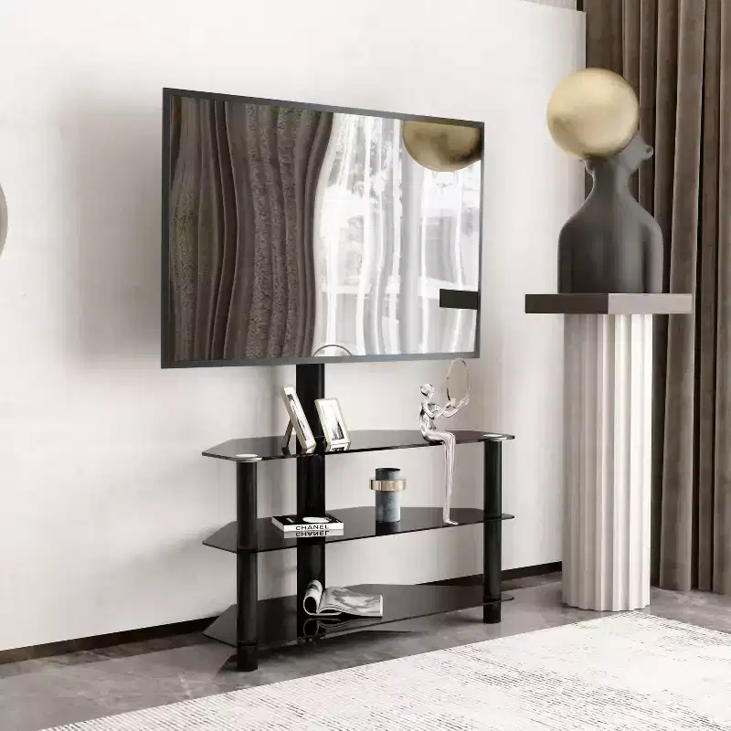 Height & Angle Adjustable TV Stand with Glass Shelves, Multi-function TV Bracket for TVs from 32 to 65, Black - ModernLuxe