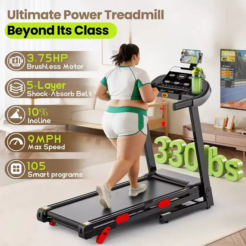 Incline 9MPH Treadmill 330lb Capacity, Portable Folding Treadmill for Home, 3.5HP Motor, Jogging Walking Treadmill with APP Control, 105 Programs