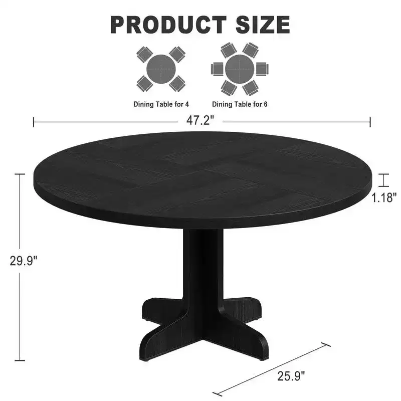 Round Dining Table for 4, 47 Inch Farmhouse Circle Kitchen Table with Wood Tabletop and Stable Base