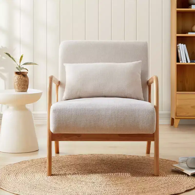 FERPIT Modern Upholstered Accent Chair with Lumbar Pillow, Cozy Armchair with Solid Wood Frame & Plush Cushion, Beige