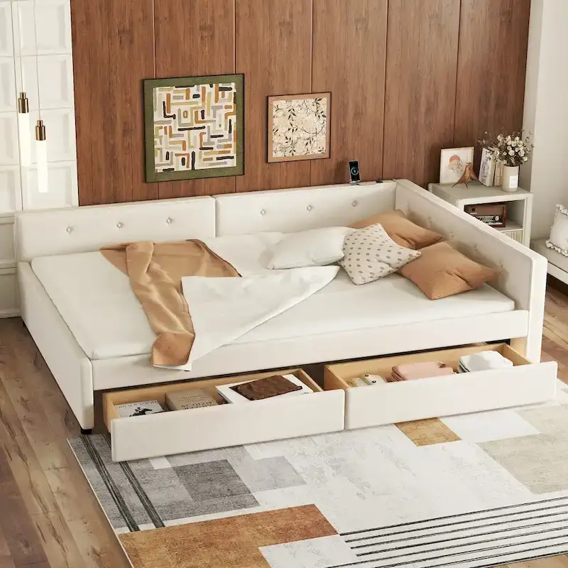 Full Size Upholstered Platform Bed with USB and 2 Drawers