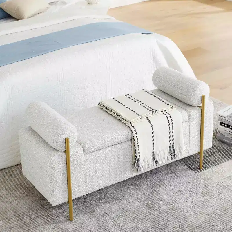 MAYEERTY Elegant Upholstered Line Storage Bench with Cylindrical Arms and Iron Legs for Hallway Living Room Bedroom White