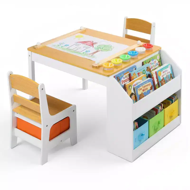 Kinder King Kids Wooden Activity Table and 2 Chairs Set with Storage, Paper Roll & Paint Cups, Art Craft Desk for Drawing, Reading & Play