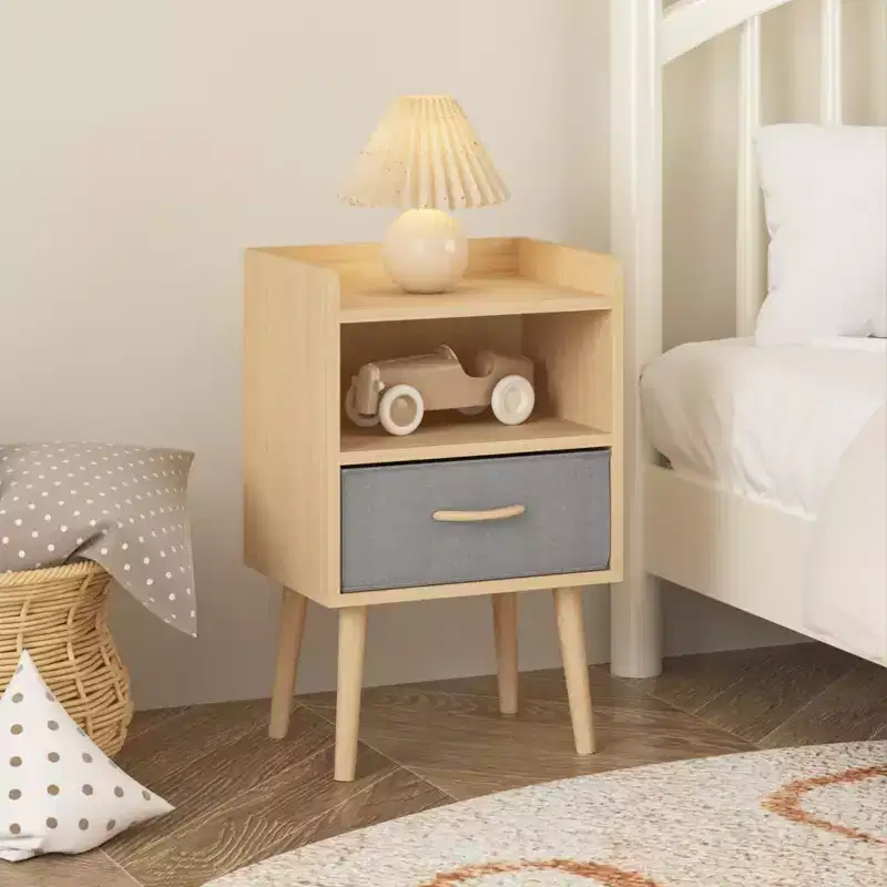 Modern Nightstand With Collapsible Fabric Drawer,Storage End Table with Open Shelf,Wood Side Table for Kids,Adults,Bedroom,Living Room,Oak