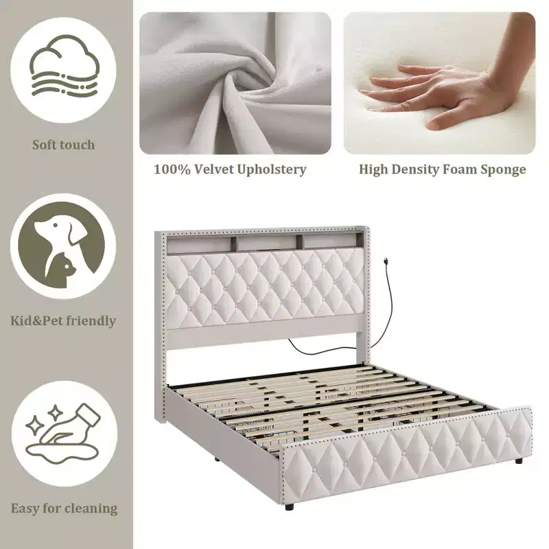 GustoWave Velvet Upholstered Bed Frame with 50.8 Tall Headboard, USB Charging Station, Led Lights