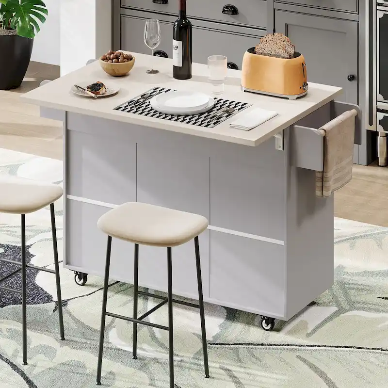 51 in. W Rolling Kitchen Island Cart with Drop Leaf and Tilt-out Trash Can