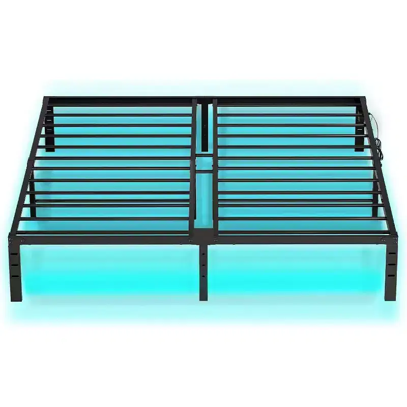 Black King Size Metal Platform Bed Frame with LED Lights & Charging Station, 2-Person