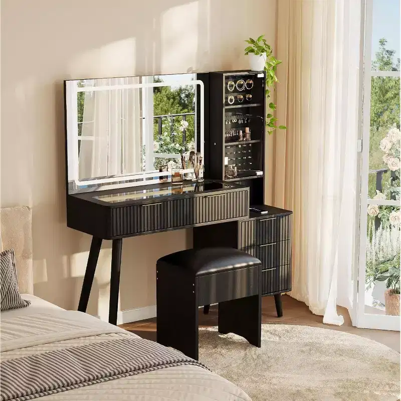 48 Fluted Makeup Vanity Desk with Large Lighted Mirror, Charging Station & Cushioned Storage Stool for Bedroom