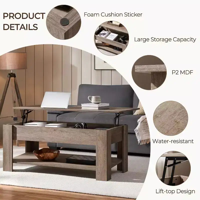 Lift Top Coffee Table with Hidden Compartment & Open Shelf For Living Room