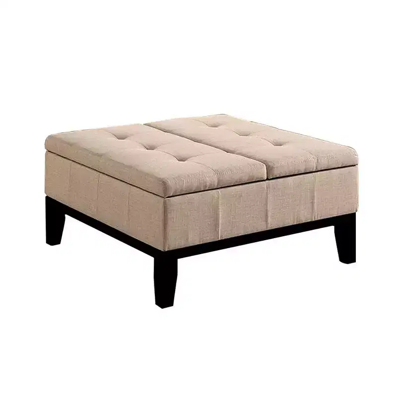 36 Inch Storage Ottoman, Split Storage Lid, Tufted Beige Upholstery, Wood