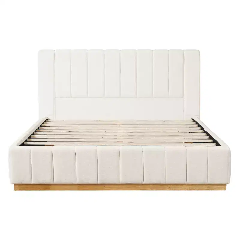 Queen/King Size Platform Bed Frame with Upholstered Headboard & Minimalist Striped Fabric, Beige - ModernLuxe