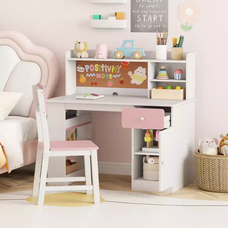 Costway Kids Desk & Chair Set w/Chair Hutch 3-Layer Side Shelf Storage Cabinet