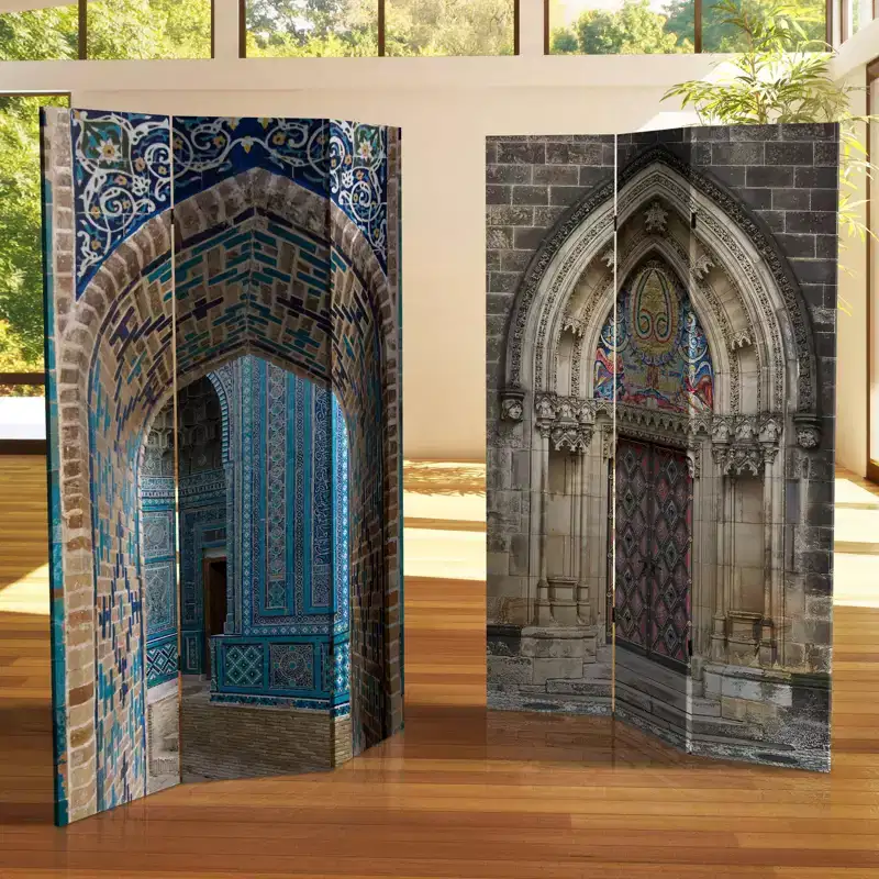 6-Panel Double Sided Heavenly Archways Canvas Room Divider, Blue/Beige, Lightweight, No Assembly Required