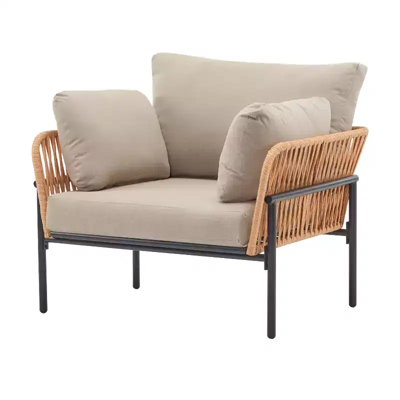 36W Patio Accent Chair Lounge Chair Arm Chair with Cushions, Pillows and Stylish Rope-Weave Design, Iron, Beige+Grey/Natural-ModernLuxe