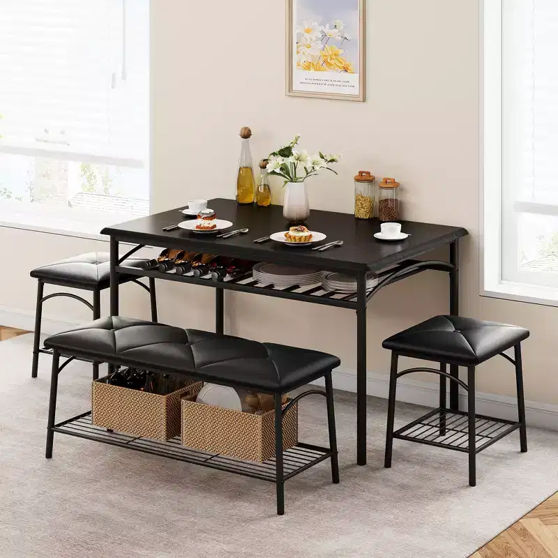 Modern Dining Set for 4, Wood Tabletop, 2 Padded Chairs, 1 Bench, Metel Frame, for Small Spaces, Apartments, Restaurants