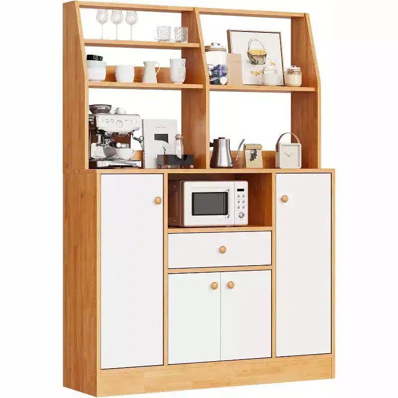 Acekool Small Farmhouse Coffee Bar Cabinet with 4 Doors & Adjustable Shelves, Wood Kitchen Buffet Hutch, Sideboard Pantry in Coffee + White