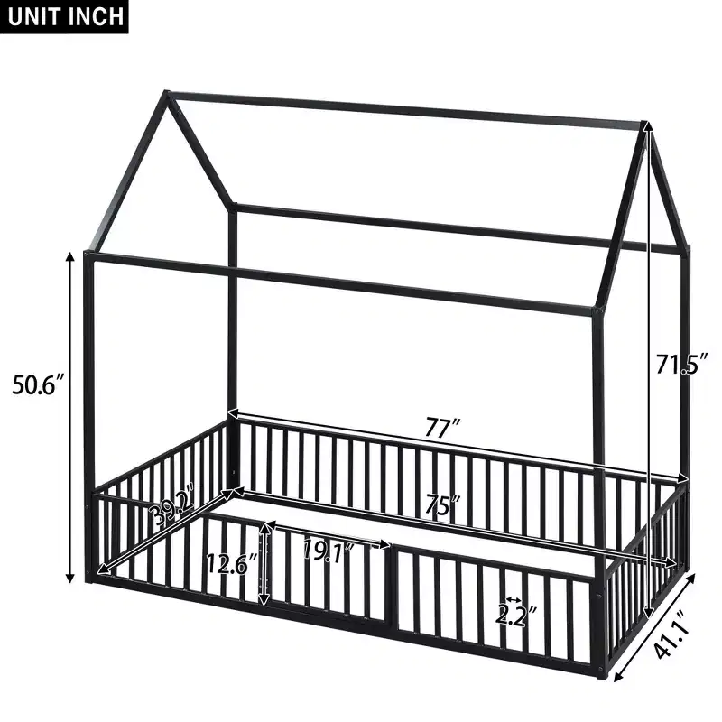 Bellemave Twin Floor Bed with Door and Fence, Bed Twin Size with Roof/House Floor Bed for Kids, Girls, Boys, Black