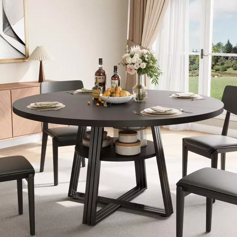 Round Dining Table for 4-6,42Farmhouse Kitchen Table with Storage,Circle Dinner Tables for Kitchen, Dining Room, Living Room, Meeting Room, Apartment