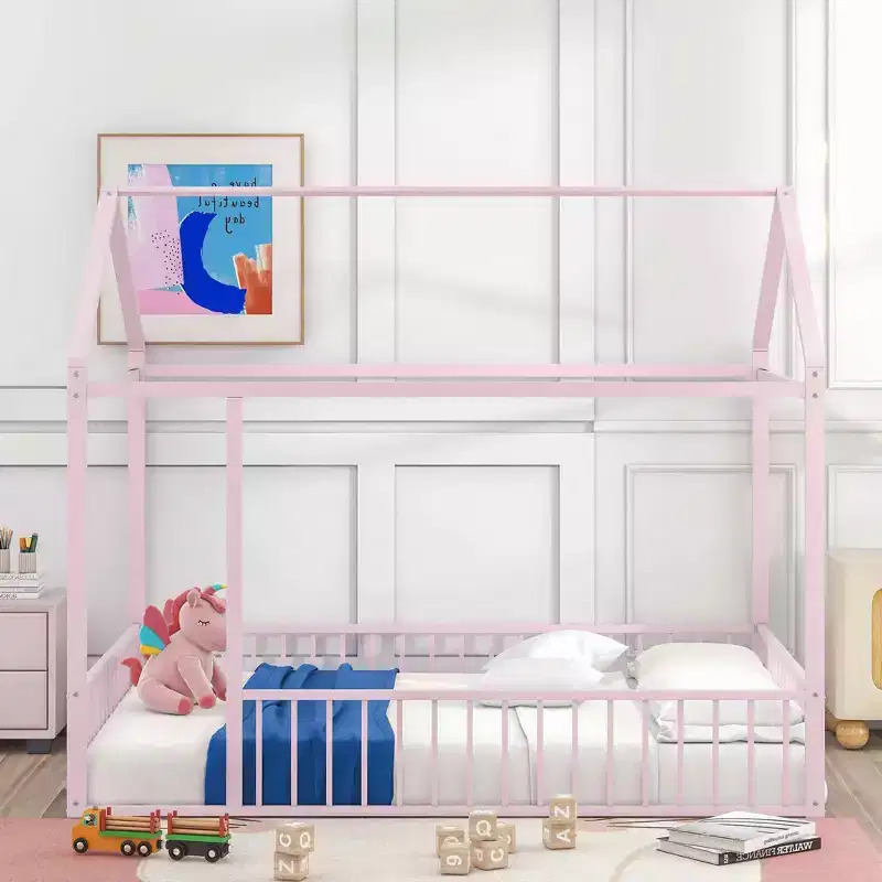 Full Size Metal House Bed Frame, Fence, Kids Teens Bedroom, Pink