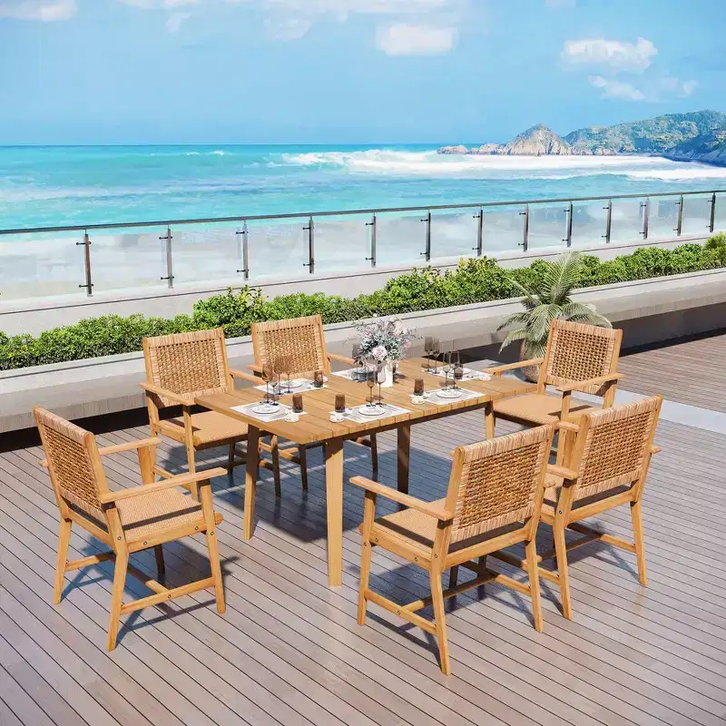 Captiva Designs Outdoor Patio Wood Dining Set with Rattan Chairs & 1 Acacia Wood Rectangular Table
