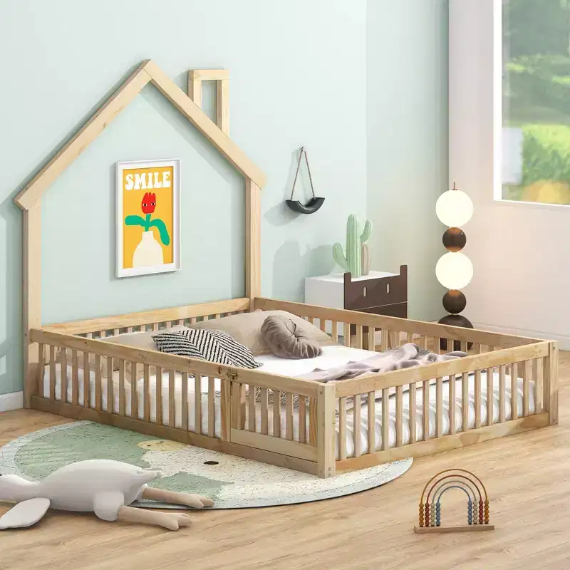 Wood Full Size House Platform Bed with Guardrail, Solid Wood Floor Bed Frame with House-Shaped Headboard for Kids