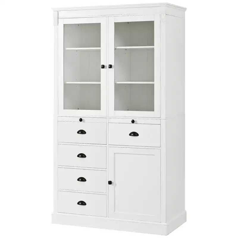 Whisen 72''H Freestanding Kitchen Pantry, Large Display Storage Cupboard Sideboards, Coffee Bar Cabinet With Glass Doors, Drawers - White