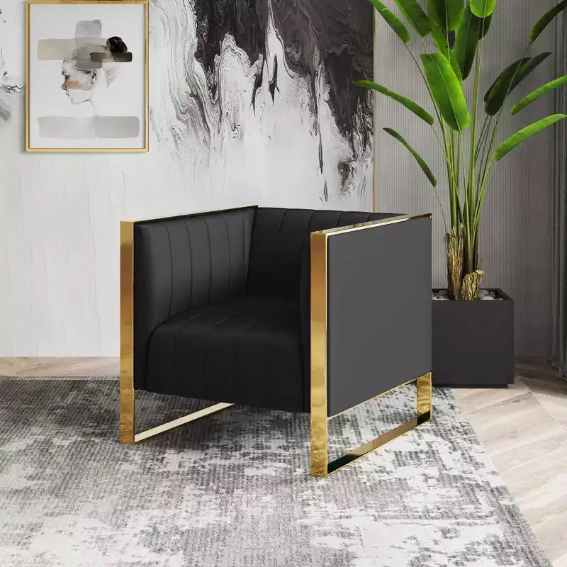 Velvet Accent Chairs with Gold Finish, Set of 2, Black, No Assembly Required