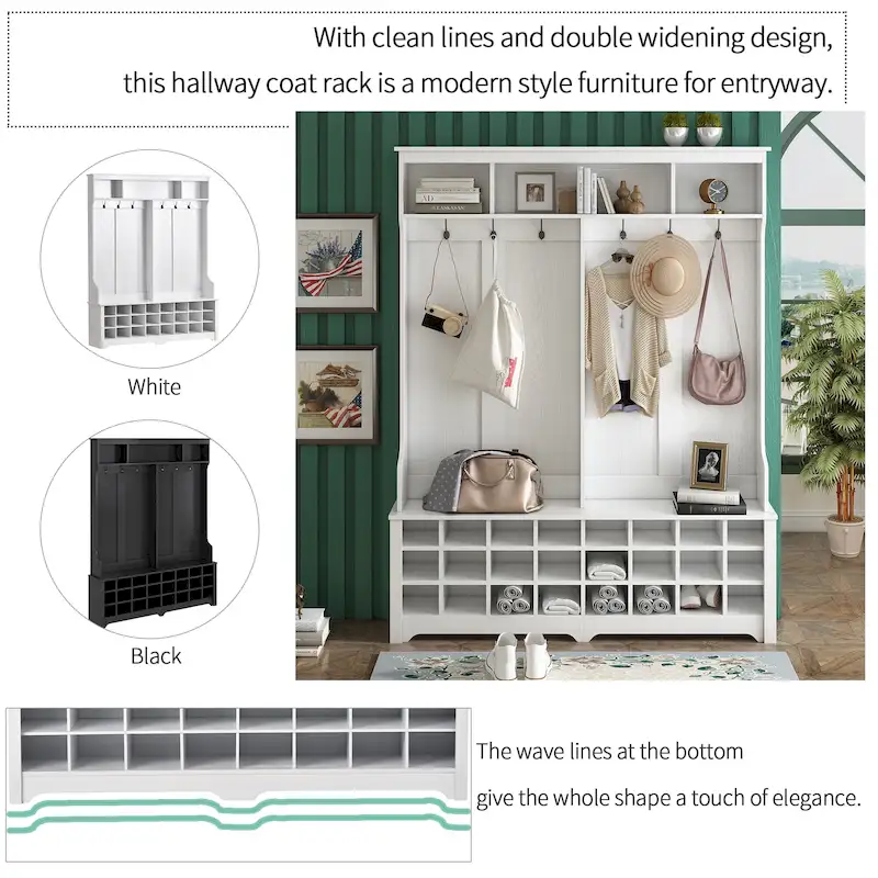 Hallway Coat Rack with Bench, 60-Inch Wide Hall Tree with Storage Shelves, 24 Shoe Cubbies and 6 Hooks, White